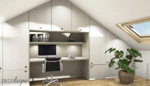 Een render van een bureau en de kastenwand, uitgevoerd in de B073 Sherwood van Cleaf, welke de beleving geven van natuurlijk gelakt hout.