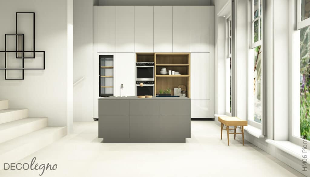 Render van een witte, moderne keuken met een kookeiland uitgewerkt in de HM06 Piombo van Cleaf, welke antraciet grijs is met een supermat oppervlak