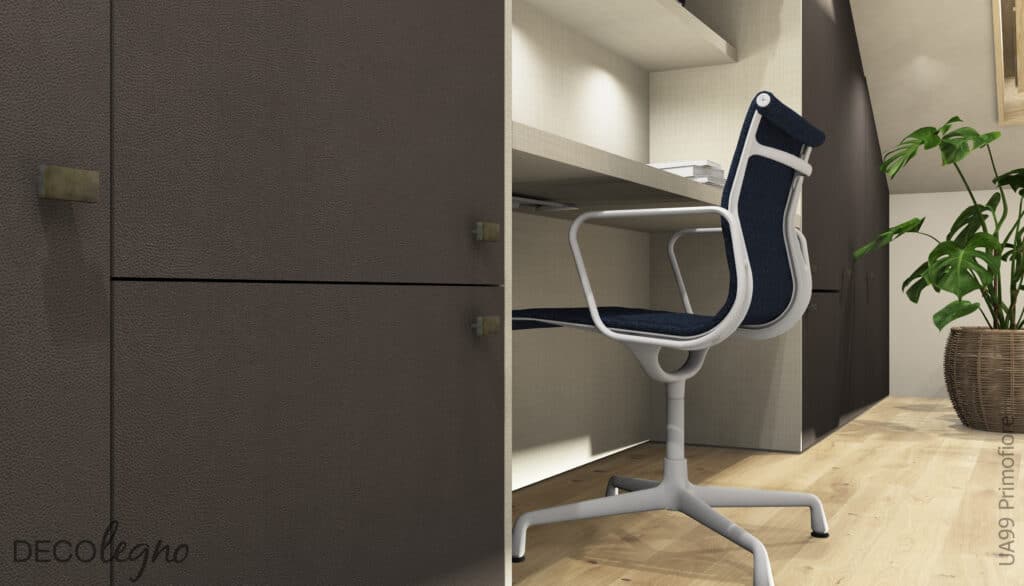 Render van een bureau met stoel en kastenwand uitgewerkt in de UA99 Priomofiore van Cleaf, welke een lichtgrijs leerstructuur heeft, met planken in de FA44 van Cleaf, een decoratief plaatmateriaal met lichte linnenstructuur.