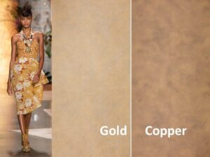 Moodboard van twee gouden HPL special decors van DecoLegno in combinatie met een catwalk beeld