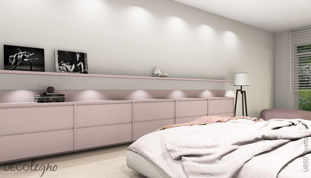 UB50 Ovatta dressoir met plank in decoratief plaatmateriaal zacht roze in slaapkamer render