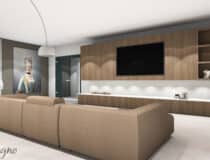 Render van een woonkamer met tv-meubel in een combinatie van hout en het solid surface materiaal DM1027 Angora White, kenmerkend om zijn witte unikleur, van Durasein