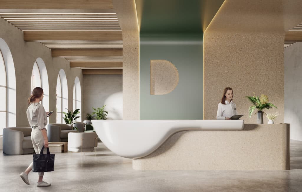 Hotellobby uitgevoerd in de steenlook PM8002 Seeded van Durasein DecoLegno