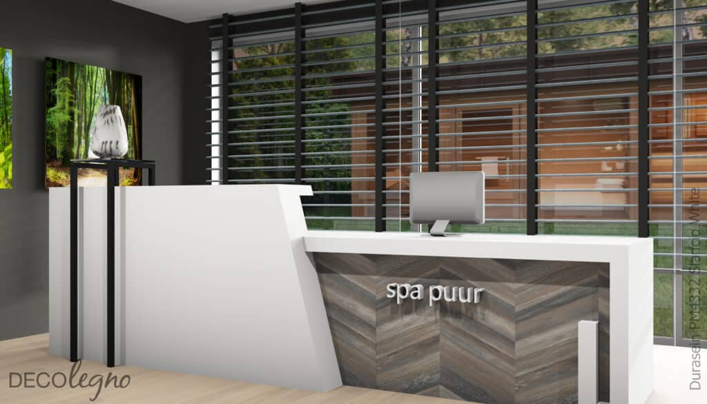 Render van een balie in een Spa uitgevoerd in solid surface decor DM2502 Slancio White van Durasein.