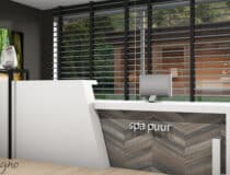 Render van een balie in een Spa uitgevoerd in solid surface decor DM2502 Slancio White van Durasein.