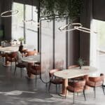 Cafe met tafels en stoelen in solid surface PM8002 Seeded Durasein