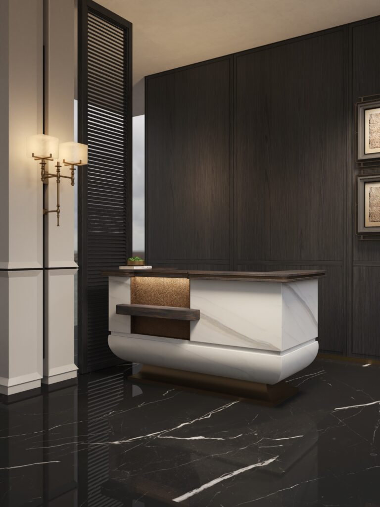 een marmer in solid surface decor|Render van een keuken uitgewerkt in de DM5048 Starstruck van Durasein