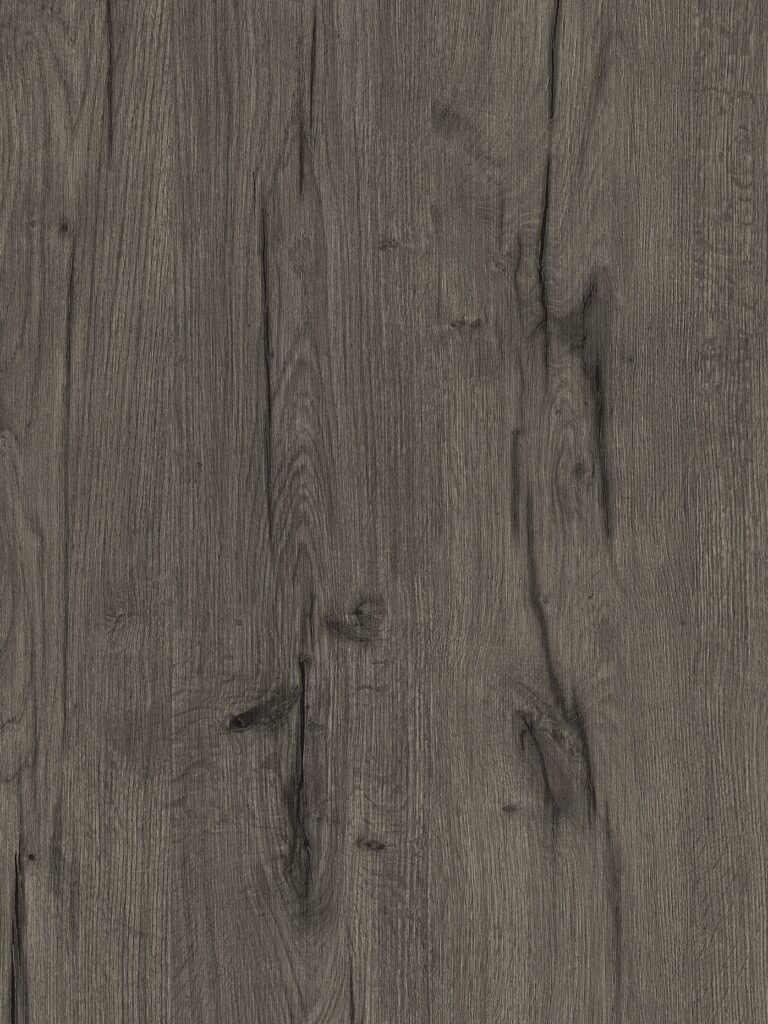 Detailafbeelding van decoratief plaatmateriaal LR47 Sable||Hele plaatafbeelding van decoratief plaatmateriaal LR47 Sablé|Decoratief plaatmateriaal donker hout met ruwe structuur detailscan|Decoratief plaatmateriaal grof vergrijsd hout