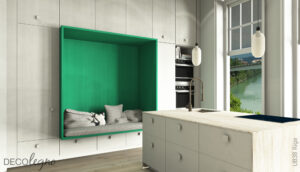 Een render van een moderne keuken met nis uitgewerkt in groen decoratief plaatmateriaal, de UB38 Riga van Cleaf.