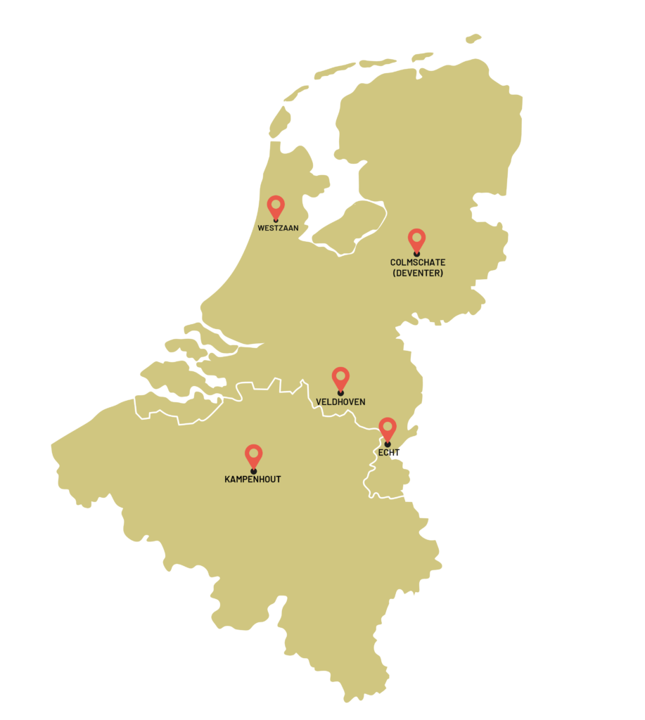 Plattegrond van Nederland en België met markeringen van de showroomlocaties van DecoLegno