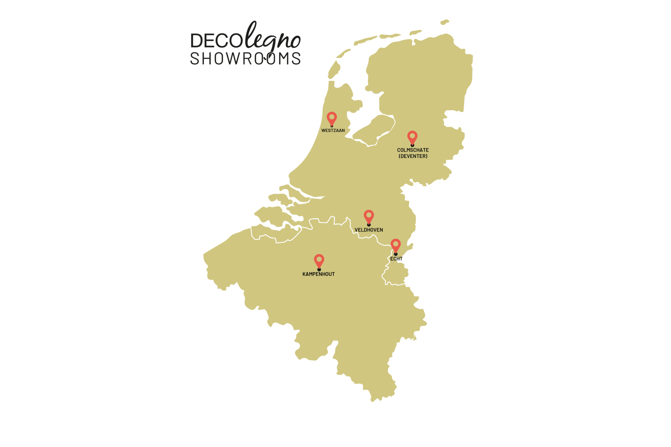 Plattegrond van België en Nederland met markeringen van de showroomlocaties van DecoLegno