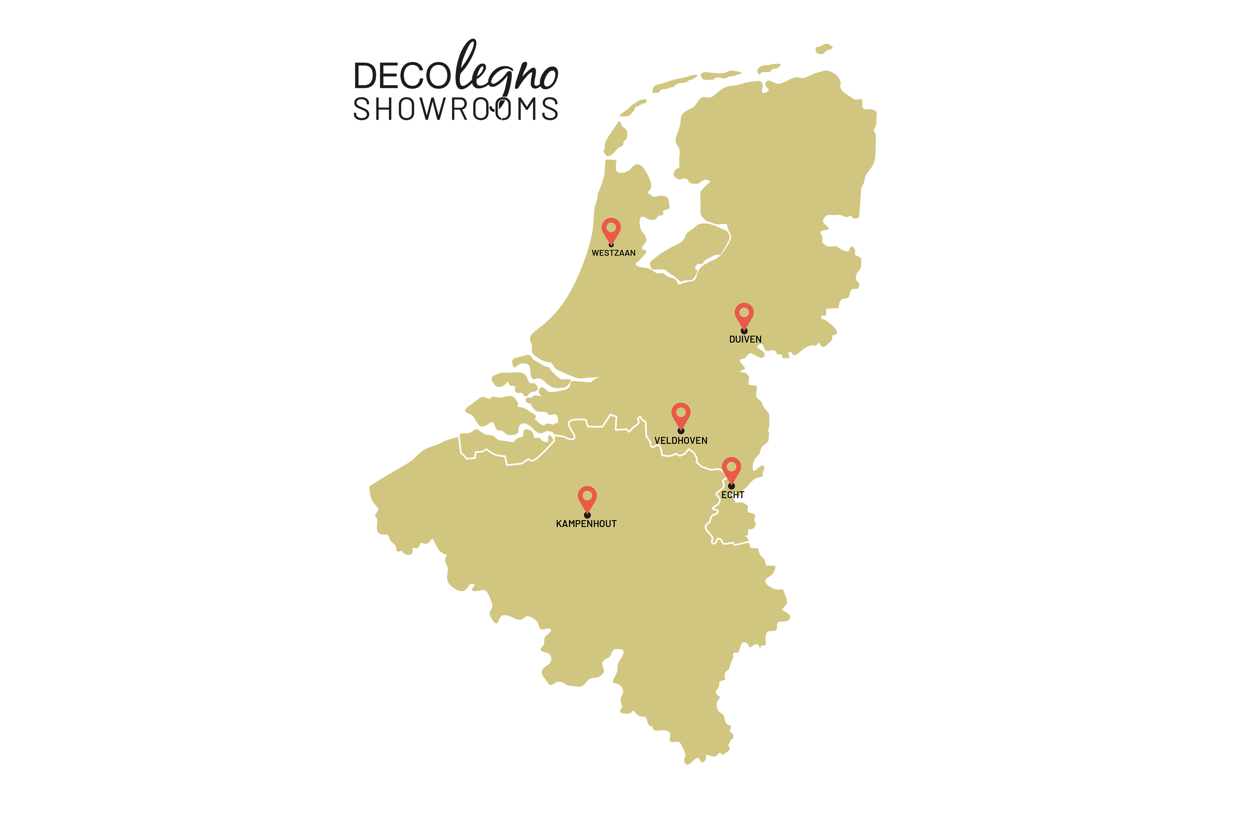 Plattegrond van België en Nederland met markeringen van de showroomlocaties van DecoLegno