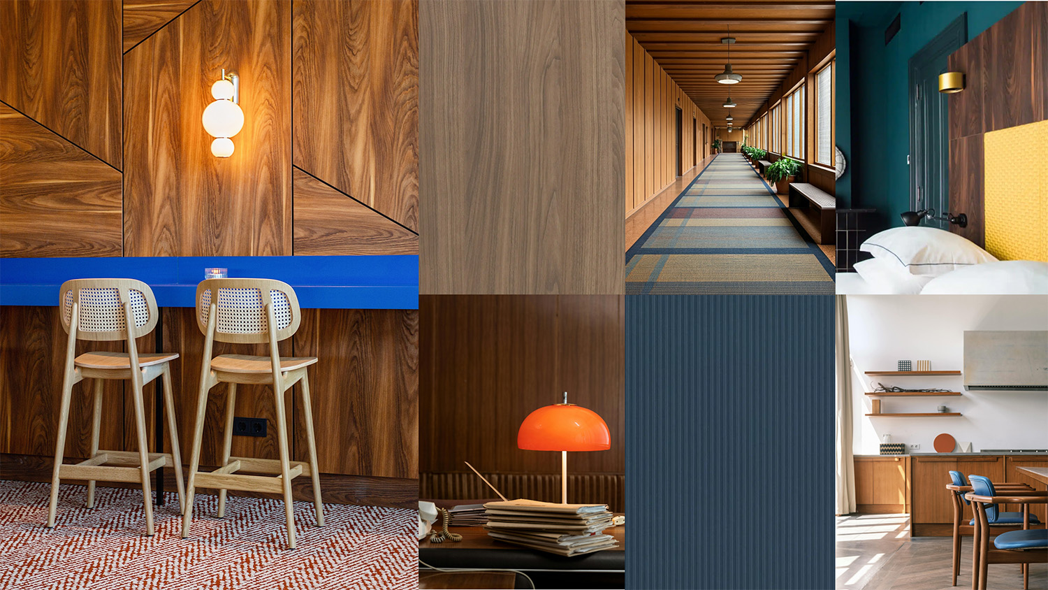 Moodboard met verschillende foto's van een interieur gebaseerd op de interieurtrend Midcentury met retro hout en blauw