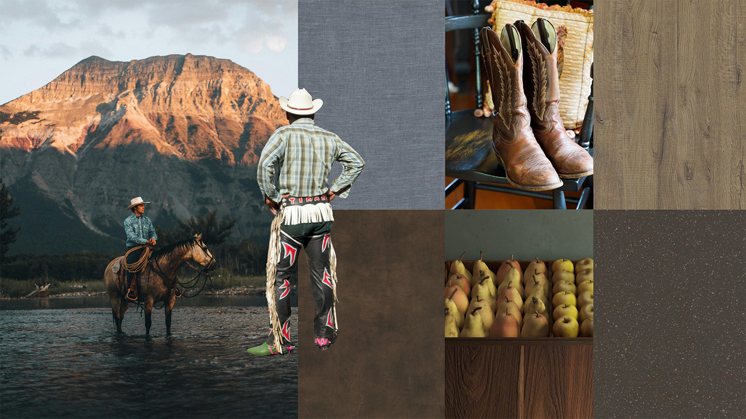 Moodboard met verschillende foto's van een interieur gebaseerd op de interieurtrend Western met donker hout en cowboy laarzen