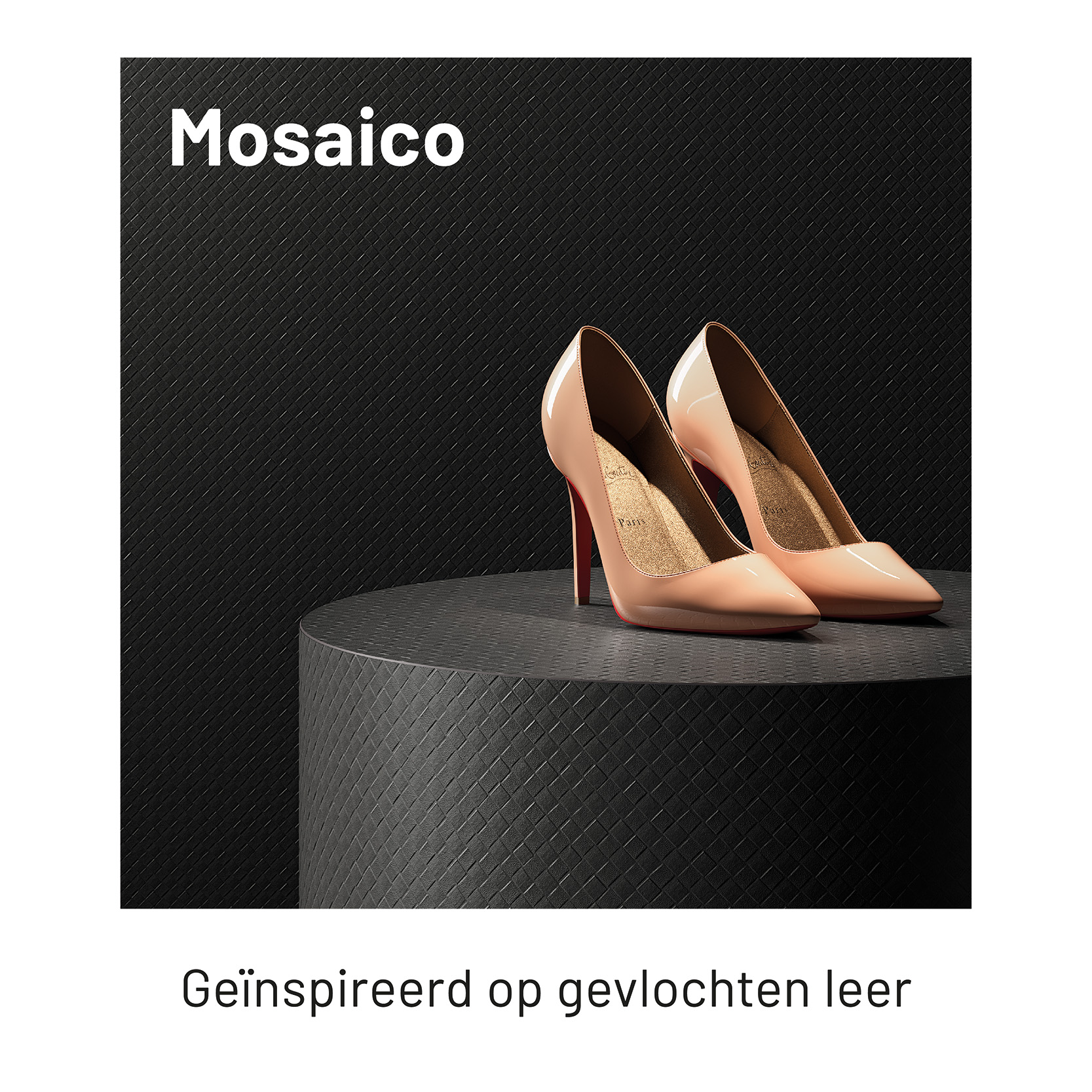 Decoratief plaatmateriaal Mosaico in zwart met roze pumps op een blok 