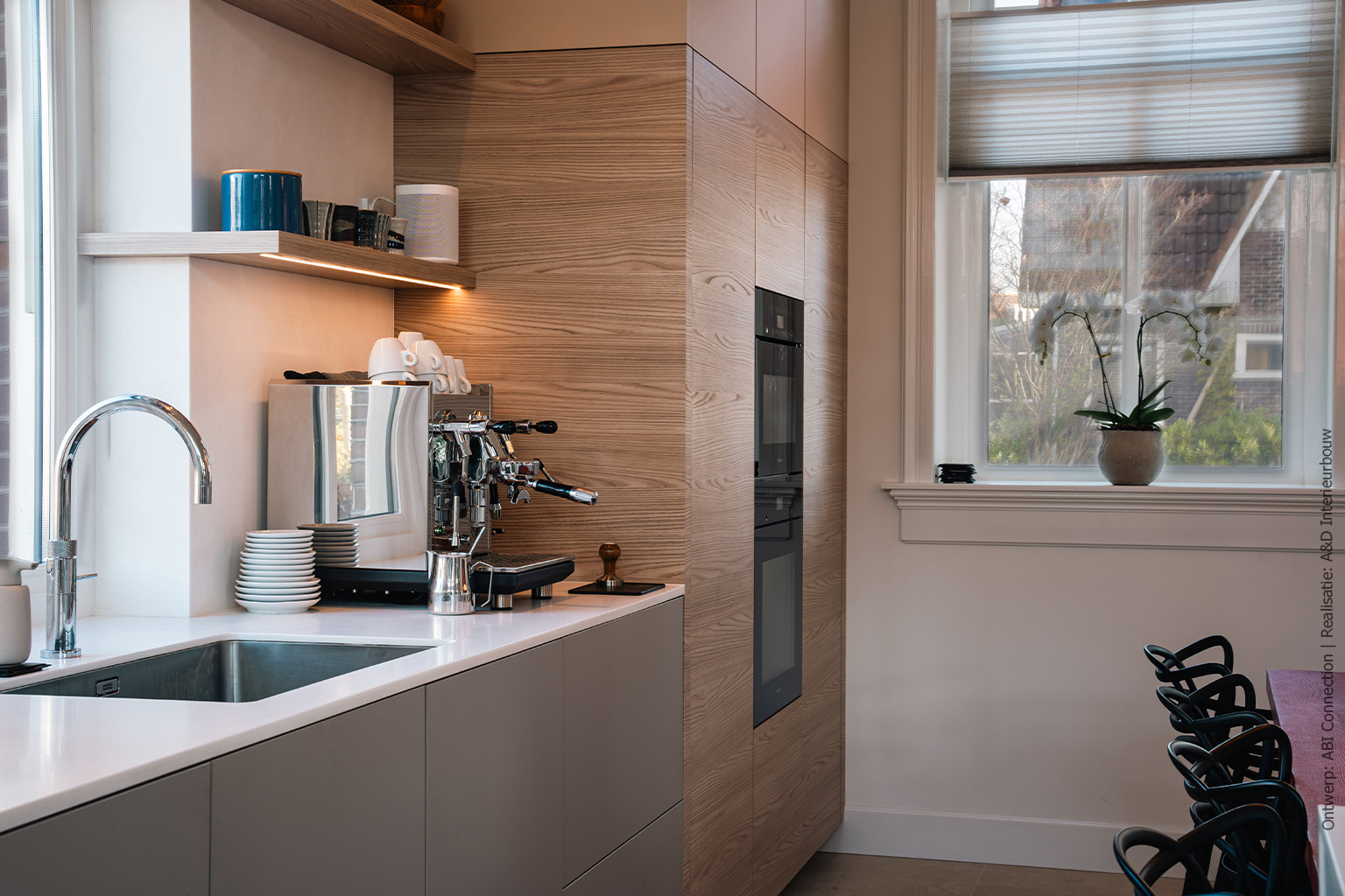 Hoge keukenkast in moderne keuken met blonde houtstructuur S164 Fronda