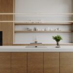 Render van een keuken met eiland, uitgewerkt in de S220 Doga van Cleaf, een houtdecor met dynamisch lijnenspel, en solid surface decor DM5001 Niagara van Durasein, welke de vloeiende beweging van aders toont