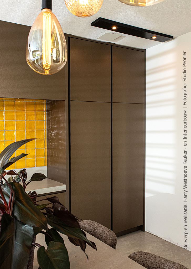 Keukenkasten in Cleaf FA84 Idea met goud-koperen look en subtiele aluminiumstructuur