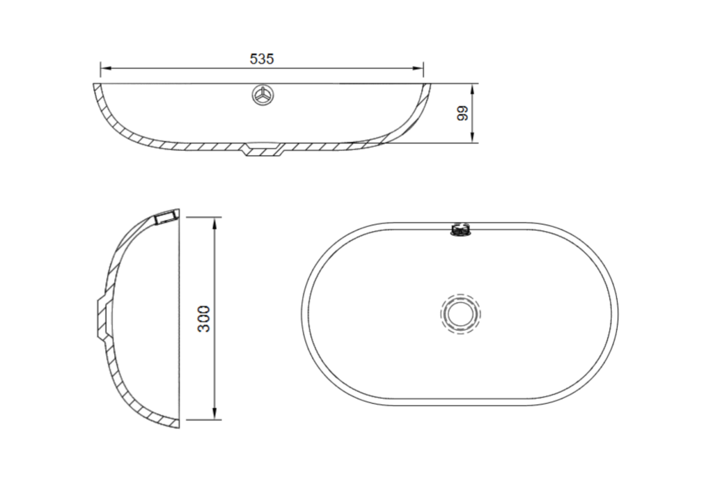 product Tekening met maatvoering waskom Riga