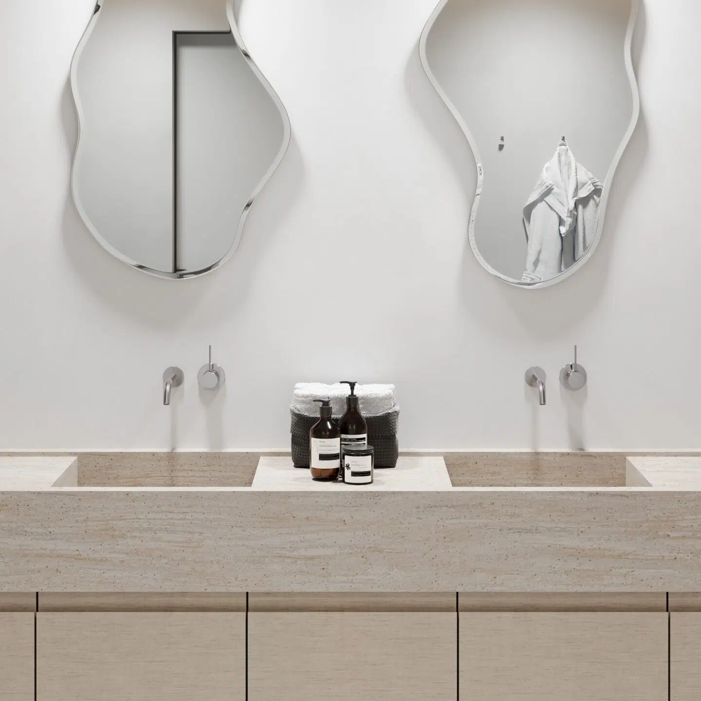 Render van een badkamer, ontworpen in het solid surface decor DM5016 Travertine, welke warme kleurnuances in beige en bruin samenbrengt in een levendig patroon.