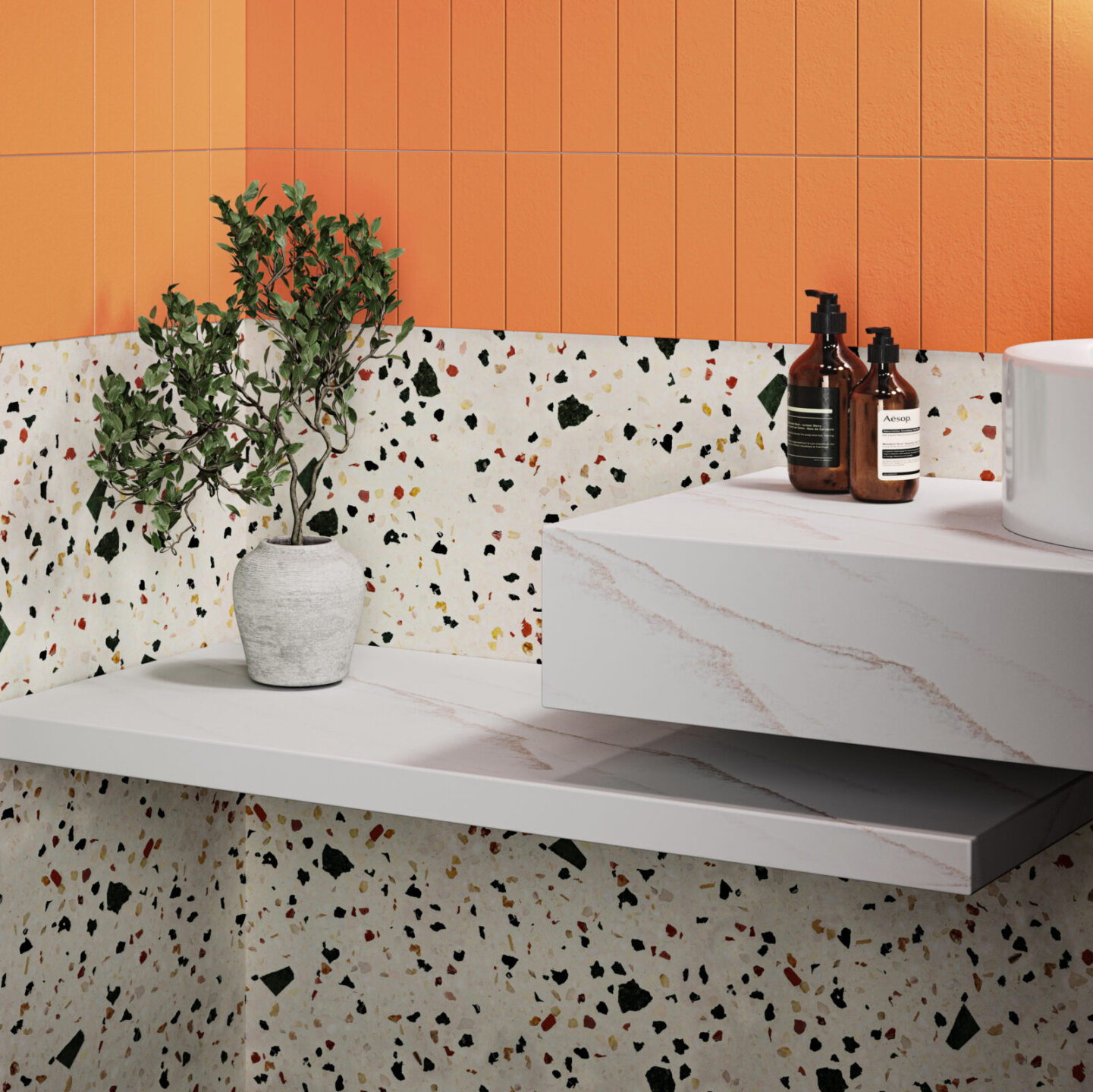 solid surface warme ader in een witte basis toegepast in badkamer